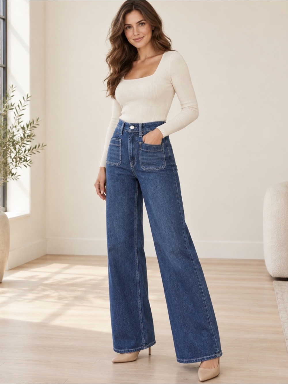 Free Assembly Women’s High-Rise Wide-Leg Patch-Pocket Jeans